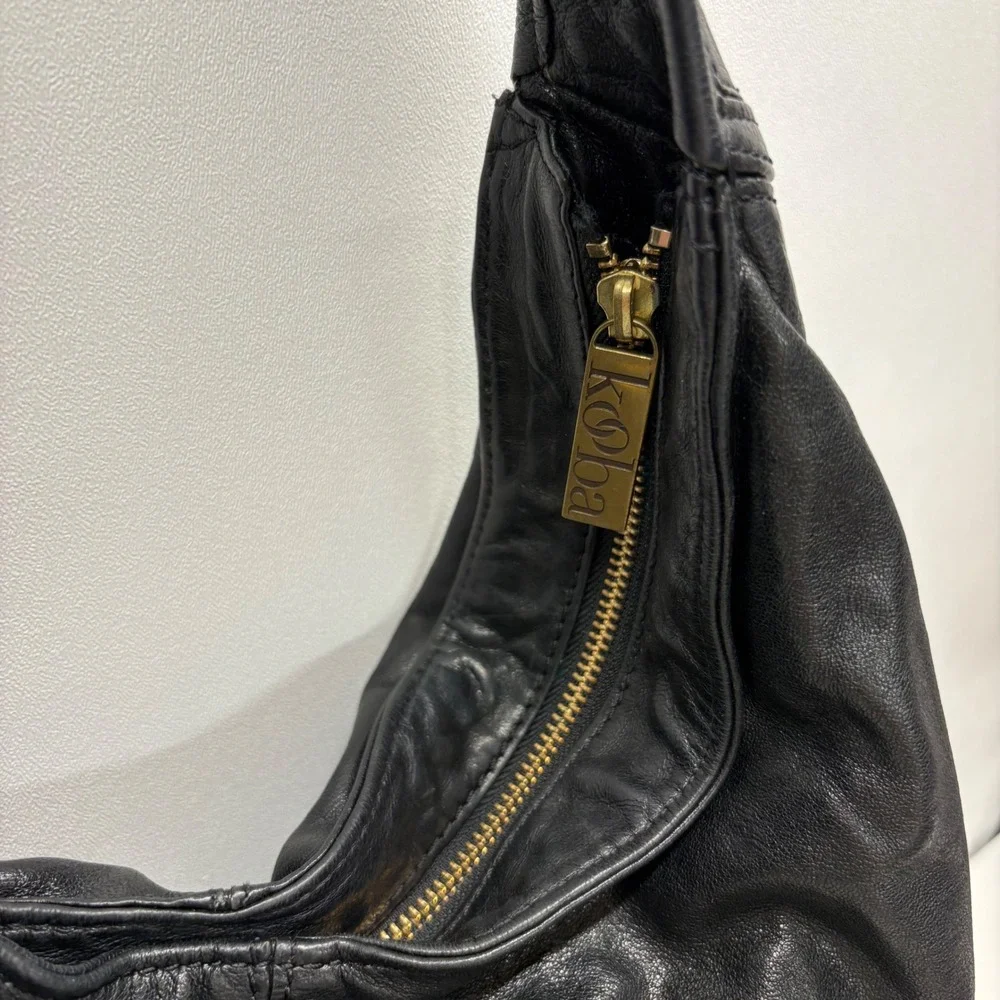 Kooba Hobo Shoulder Bag Slouchy Black Leather Triple Brass Ring Boho Indie Y2K